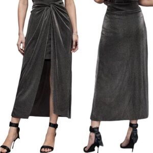 All Saints Sami Asymmetrical Black Metallic Midi High Low Skirt